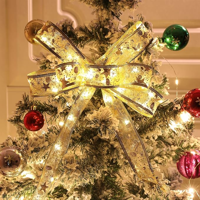 Christmas Ribbon Fairy Lights 33Ft 100 LED String Lights Battery Operated 2In Gold Foil Ribbon with Warm White Twinkle Firefly Lights Indoor Starry Holiday Decoration for Christmas Tree