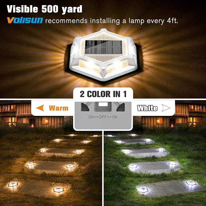 VOLISUN Solar Driveway Lights Dock Outdoor Waterproof Marker Lights,16 Pack Solar Deck Lights 2 Colors in 1 Led Wireless IP67,Solar Deck Lights for Sidewalk Pathway Yard(White/Warm White),Auto On/Off