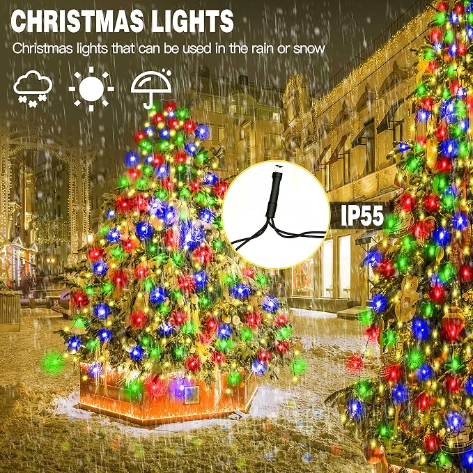 Christmas Tree Lights 400 LEDs with Timer, Xmas String Lights with Ring 16 Strings 6.6FT Easy to Install, Christmas Curtain Fairy Tree Light 8 Modes for Xmas Fir Pine Party Decoration, Colorful