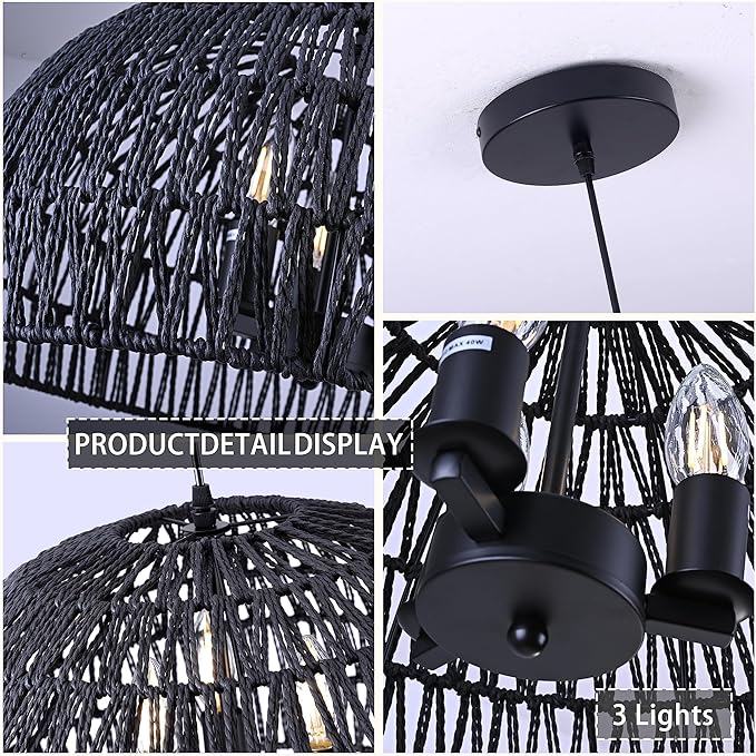 17.6” Black Woven Pendant Lights Boho Chandelier Light Fixture 3-Light Wicker Pendant Lights Rattan Light Pendant Dome Pendant Wicker Light Fixture for Dining Room Bedroom(Bulb Incl.