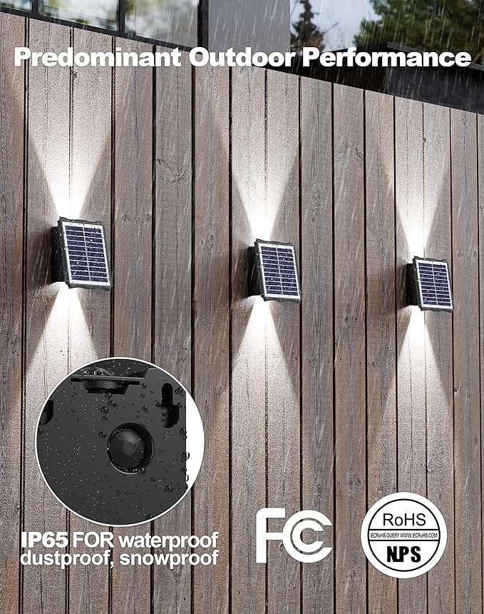 Solar Wall Lights Outdoor 6500K 3000K, 4 Pack 1500mAh Wall Lights Solar Powered, IP65 Outdoor Up and Down Solar Lighting for Wall