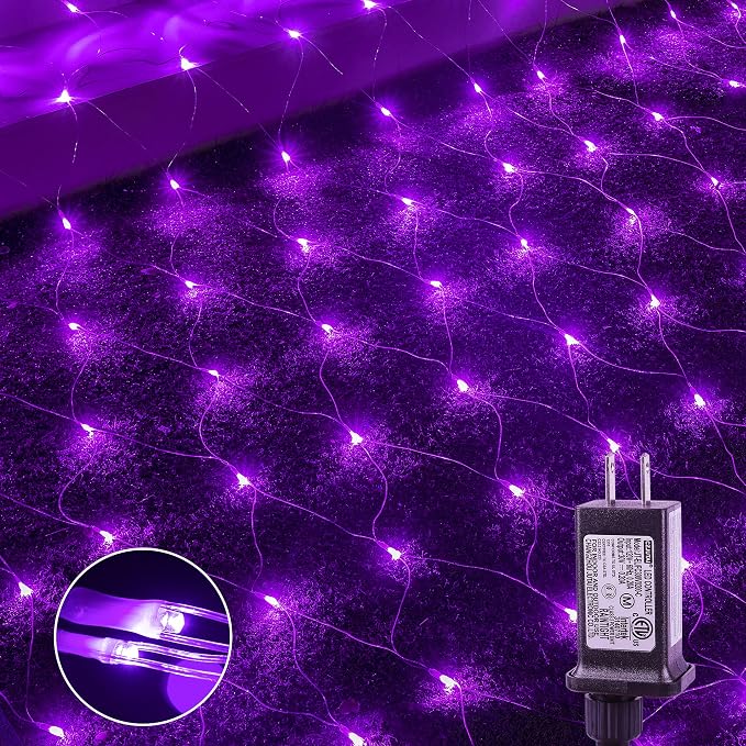 woohaha Outdoor Halloween Net Lights, 9.8FTx6.6FT 192 LED Plug-in Mesh Lights with 8 Lighting Modes, Connectable Light for Bush Halloween Christmas Garden Tree Holiday Wedding Party Decor, Purple