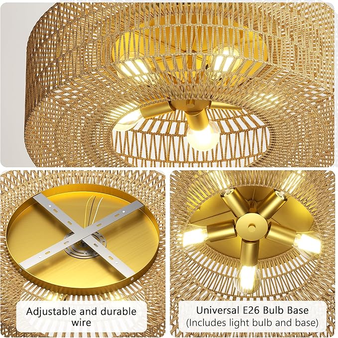 ROOMTEC 24" Rattan Flush Mount Ceiling Light, 5-Light Ceiling Fixture with Bulbs Included, Boho Woven Natural Fiber Dining Room Light for Bedroom Living Room Kitchen